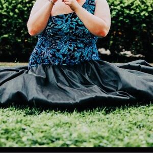 Blue Beaded Bodice Black Full Skirt Formal Dress